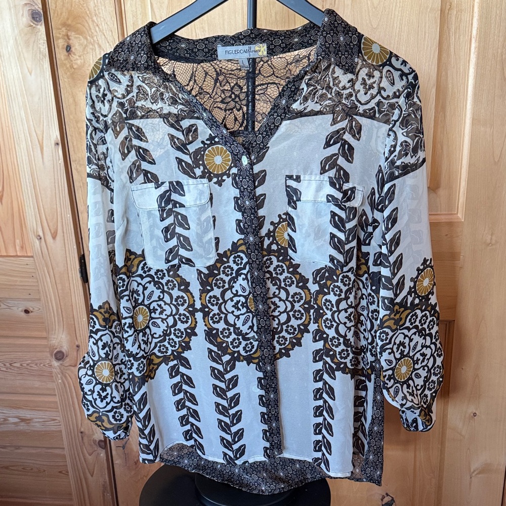 Chic Women's Floral Blouse - Black, White, Gold